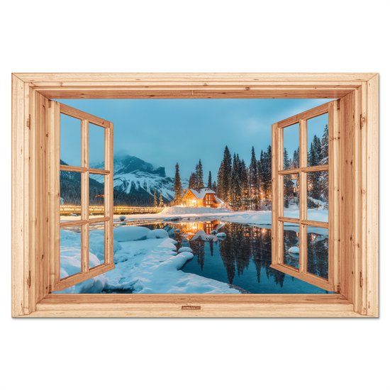 Spatscherm keuken 80x55 cm - Kookplaat achterwand Winterlandschap - Natuur - Huis - Bergen - Doorkijk - Raam - Muurbeschermer - Spatwand fornuis - Hoogwaardig aluminium