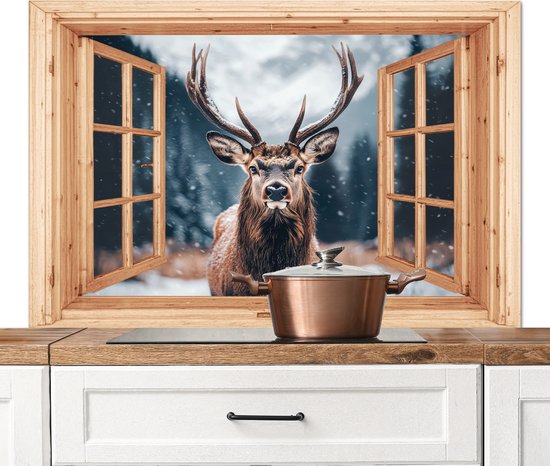 Crédence de Cuisinière en Aluminium 120x80 cm - Look-through - Cerfs - Animaux - Paysage d'hiver - Neige - Écran Pare-éclaboussures pour Plaque de Cuisson - Protection Murale