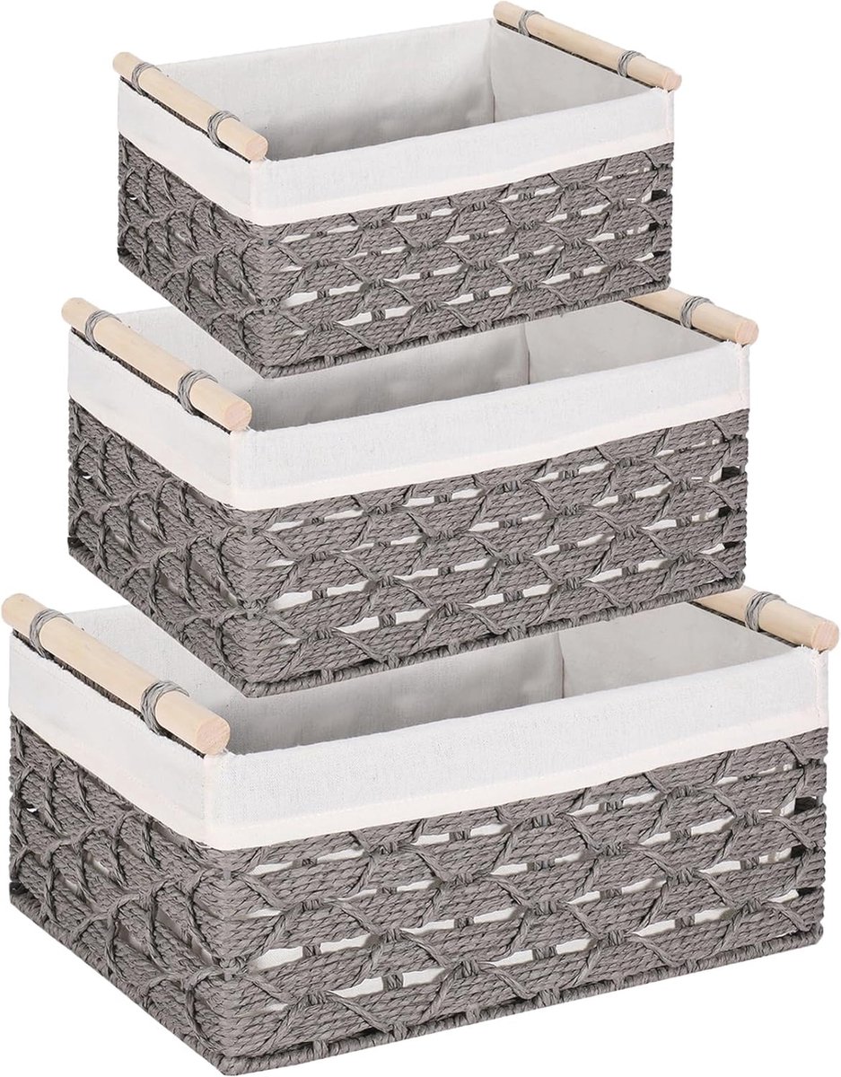 Goedkoopste Geweven opbergmanden set van 3 - Ronde papieren touw rieten manden met katoenen voering en houten handgrepen voor opslag en decoratie, grijs