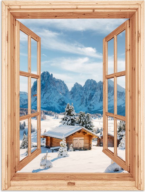 Poster 90x120 cm - Doorkijk - Winterlandschap - Huisje - Bergen - Uitzicht - Posters - Kamer decoratie - Wanddecoratie woonkamer - Muurdecoratie slaapkamer
