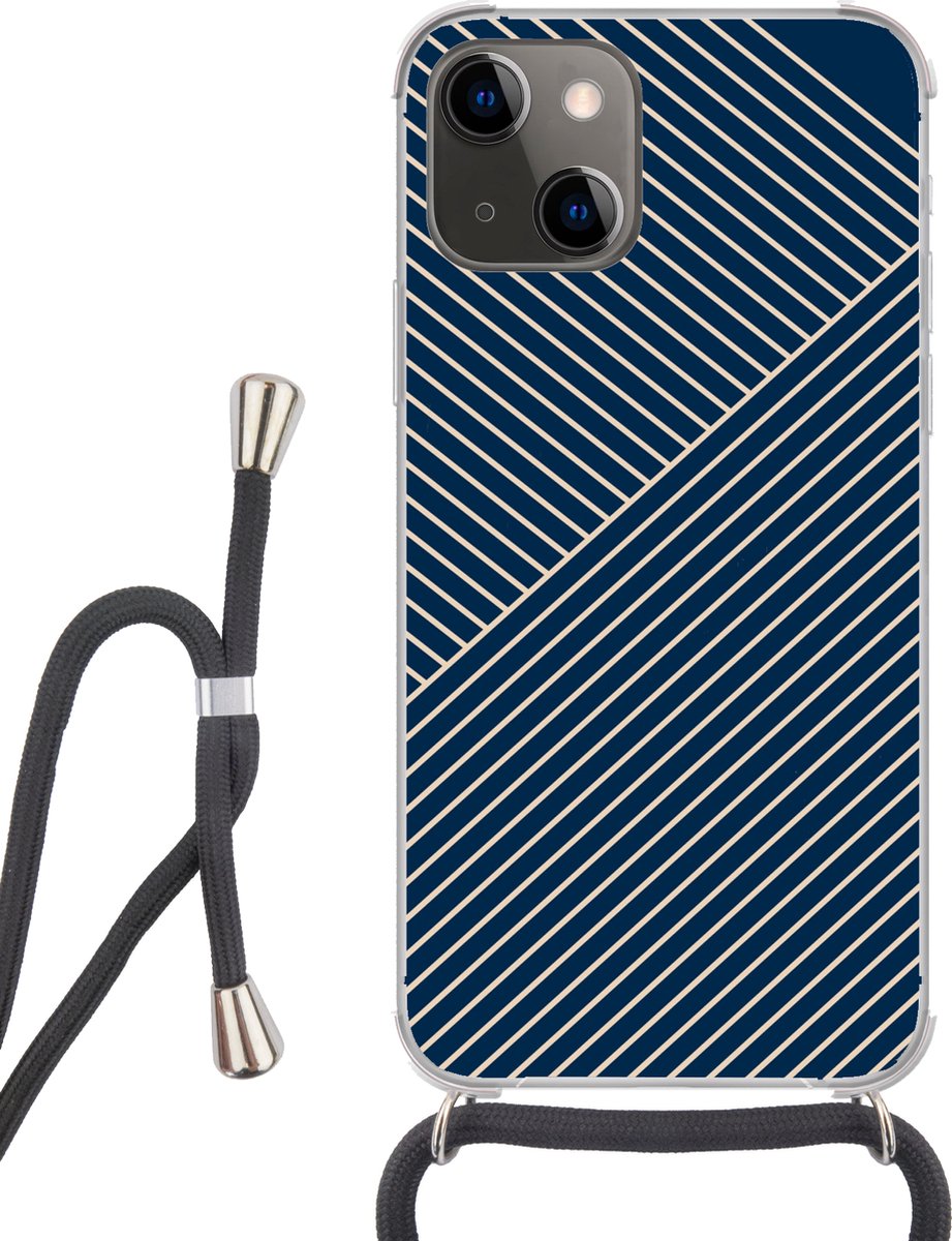 Telefoonhoesje Geschikt voor iPhone 13 - Lijnen - Abstract - Blauw - Wit - Minimalistisch - Siliconen - Crossbody - Backcover met Koord - Telefoonhoesje met koord - Hoesje met touw Telefoonhoesje