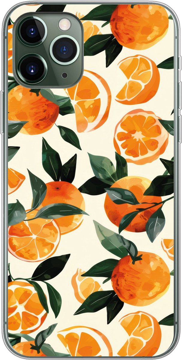 Telefoonhoesje Geschikt voor iPhone 11 Pro hoesje - Sinaasappels - Vruchten - Bladeren - Oranje - Groen - Beige - Siliconen Telefoonhoesje Telefoonhoesje
