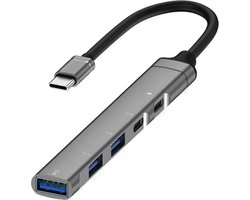 USB -C naar 2X USB-C + USB 3.0 + 2X USB 20 – Adapter hub kabel extender – geschikt voor o.a. Laptop en Macbook – grijs