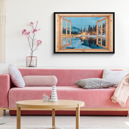 Affiche sous cadre - Cadre photo 90x60 cm - Posters - Paysage d'hiver - Nature - Maison - Montagnes - Vue - Fenêtre - Cadre affiche noir - Décoration - Décoration murale salon - Décoration murale chambre