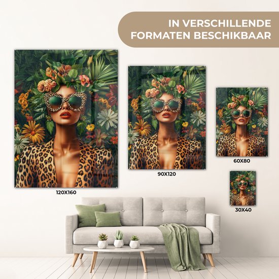 MuchoWow® Peinture sur verre 90x120 cm - Peinture sur verre acrylique - Femme - Imprimé Panthère - Jungle - Nature - Luxe - Photo sur verre - Décoration murale salon - Décoration murale chambre - Peintures