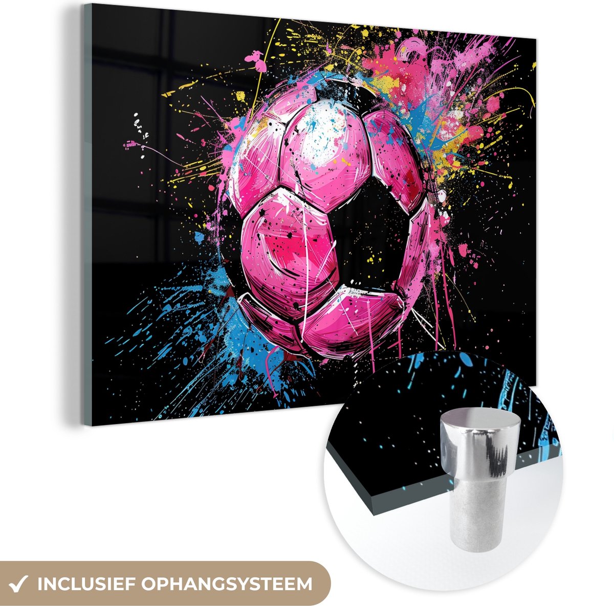 MuchoWow® Glasschilderij 180x120 cm - Schilderij acrylglas - Graffiti - Sport - Voetbal - Bal - Roze - Foto op glas - Muurdecoratie woonkamer - Wanddecoratie slaapkamer - Schilderijen