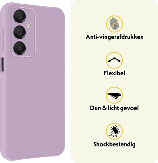 Lila telefoonhoesje met iconen voor anti-vingerafdruk, flexibiliteit, dun en licht gevoel, en schokbestendigheid.