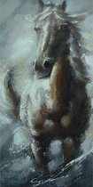 Olieverfschilderij - Grijs paard - Zilverkleurige lijst - 83,5 cm breed