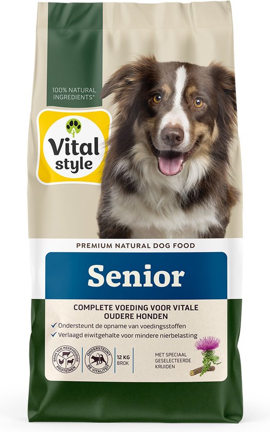 VITALstyle Hond Senior - Hondenbrokken - Extra Ondersteuning Voor De Oudere Hond - Met o.a. Chichoreiwortel & Zoethoutwortel – 12 kg