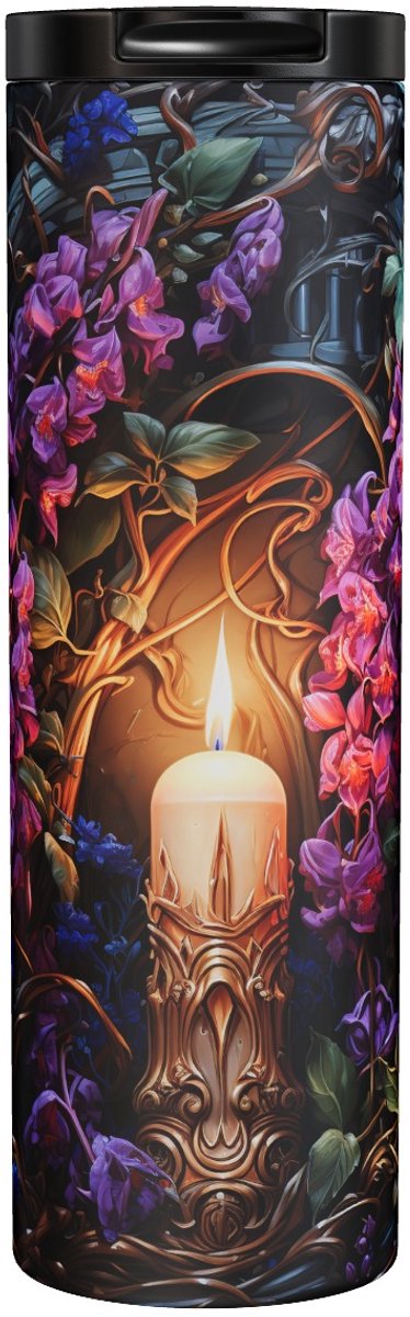 Kaars - Candle With Purple Flowers - Thermosbeker 500