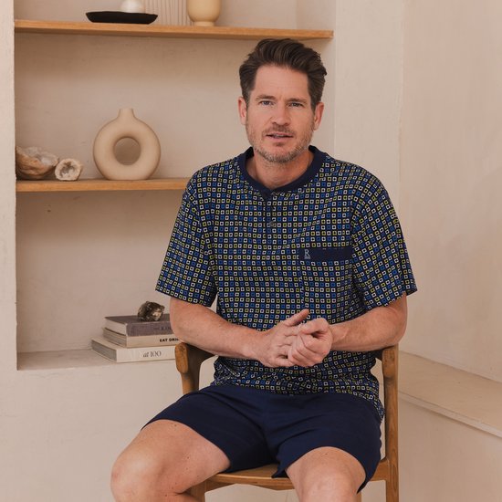 Pyjama short Robson pour homme - Carreaux - Blauw - Katoen - Taille 52