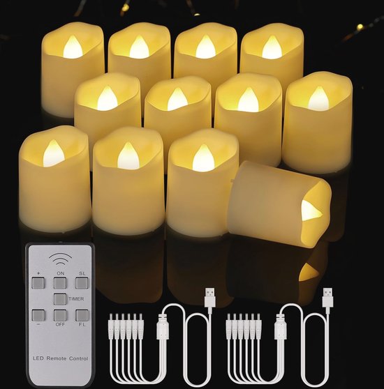 Oplaadbare LED Theelichtjes Kaars Set van 12 Warm RGB met