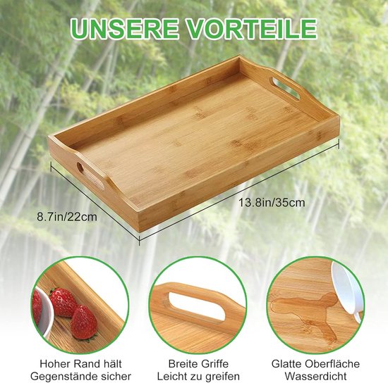 Bamboe dienblad met handgrepen, bamboe dienblad, ontbijtdienblad, keukendienblad, rechthoekig hout, bamboe dienblad voor ontbijt, thee, salontafel, keuken 38 x 25 x 4 cm