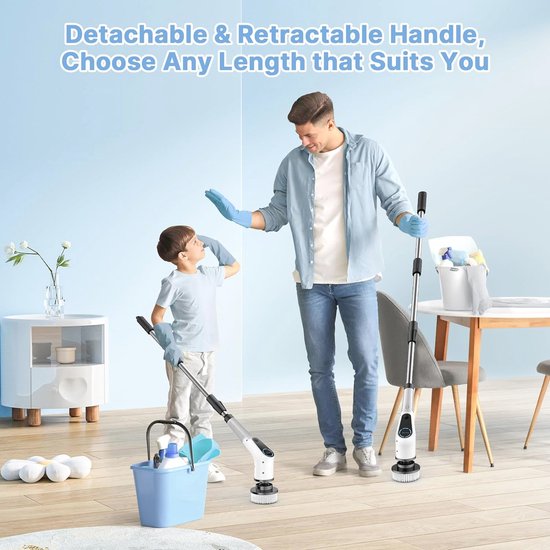 FARI elektrische spinschrobber, reinigingsborstel met 8 vervangbare boorborstelkoppen, draadloze elektrische schrobber met verstelbare handgreep, badkamer- en douchereiniger, wit (ANS-8050-X8