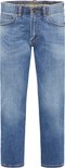 Vooraanzicht van een lichtblauwe jeans met de tekst 'EXTREME MOTION' op de tailleband.