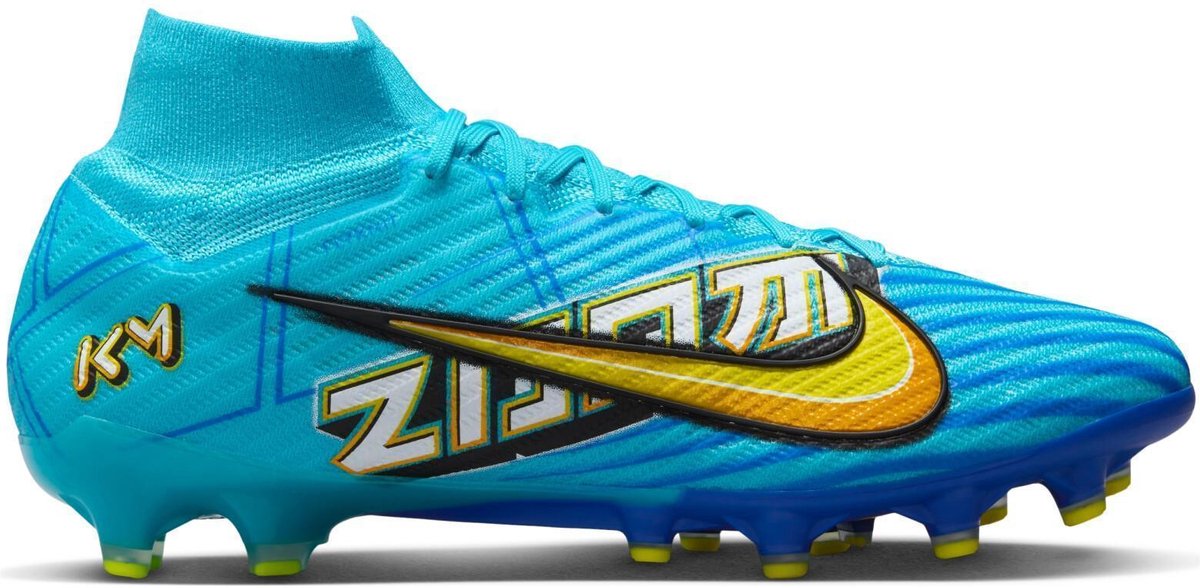 Nike Air Zoom Mercurial Superfly IX Elite x Mbappe AG-PRO voetbalschoenen in maat 46, opvallend blauw met gele details.