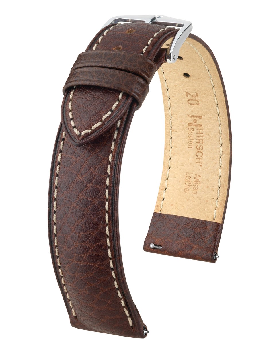 HIRSCH Boston Horlogebandje - buffelkalfsleer, 18 mm Breedte bevestiging, bruin - glanzend zilver Sluit, past op Garmin Uhren, Huawei Watch, Fossil Gen