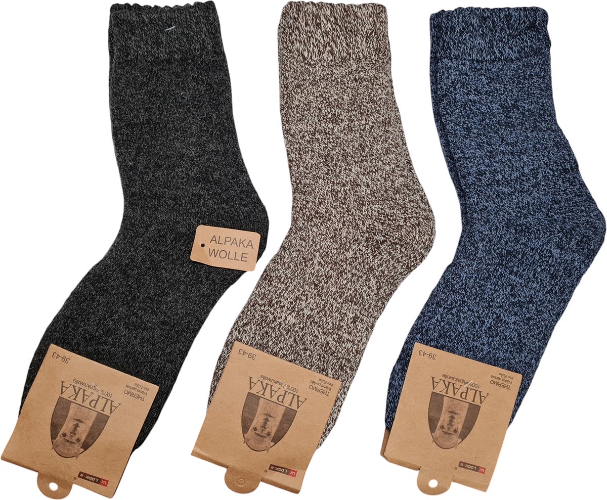 Alpaca Wollen Sokken- Huissokken - Wintersokken - Thermosokken - 3Pack – Zwart Bruin Blauw - 39-43