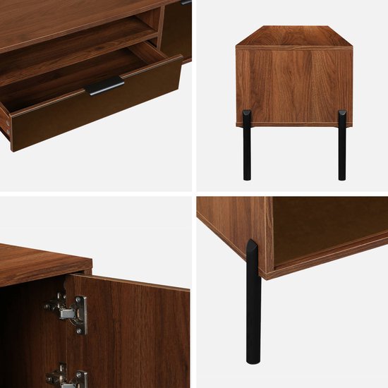 Detail van houten tv-meubel met open lade met metalen handgreep, en met zwarte poot.