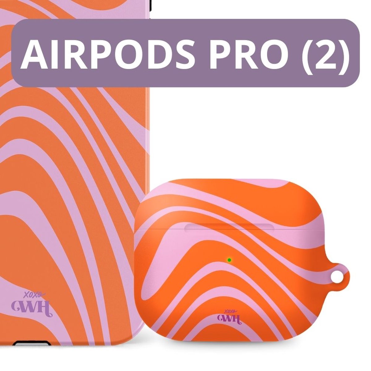 iPhone 16 hoesje met AirPods Pro 2 case - xoxo Wildhearts Boogie Wonderland Orange, dubbel laag bescherming, schokabsorberend, oranje paars golf patroon - Afbeelding 2