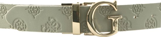 Lichtgrijze Guess riem met een gouden gesp. De riem is versierd met een subtiel ingedrukt logo.