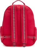 Dos d'un sac à dos Kipling rouge avec deux sangles grises rayées et des boucles.