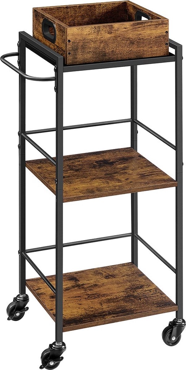 Vintage Serveerwagen - Barwagen - Rollende Kar - Spaanplaat & Staal - 30cm x 34,7cm x 86cm - Vintage Bruin-Zwart - 5,3kg - 30kg statische belasting