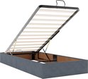 Donkergrijs gestoffeerd bedframe met opklapbare lattenbodem en handgrepen voor opbergruimte.
