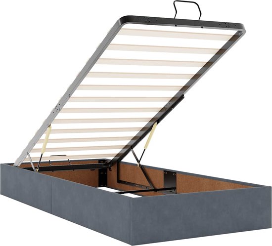 Donkergrijs gestoffeerd bedframe met opklapbare lattenbodem en handgrepen voor opbergruimte.