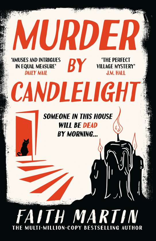 Boekcover met de titel 'Murder by Candlelight' in rode letters, een zwarte kat bij een rode deur en een brandende kaars.