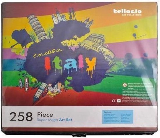 Omslag van een kunstset met de tekst 'Colorful Italy', met afbeeldingen van de Toren van Pisa.