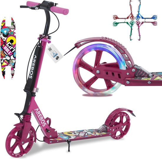 Roze AREBOS step met "Girl Rule" en graffiti-stijl deck. LED-verlichting in het voorwiel.