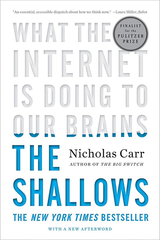 Boek 'The Shallows' met titel en auteur Nicholas Carr. Genomineerd voor Pulitzerprijs.