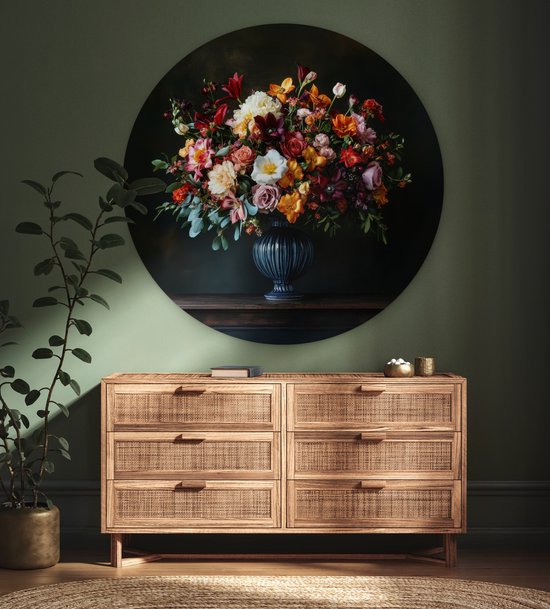 WallCircle® Wandcirkel 140x140 cm - Muurcirkel Groot - Bloemen - Vaas - Boeket - Muurdecoratie woonkamer - Wanddecoratie slaapkamer - Kamer decoratie accessoires - Ronde schilderijen