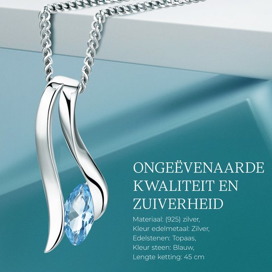 Collier en argent détaillé avec un pendentif élégant et plissé serti d'une topaze bleue. Longueur de chaîne 45 cm.