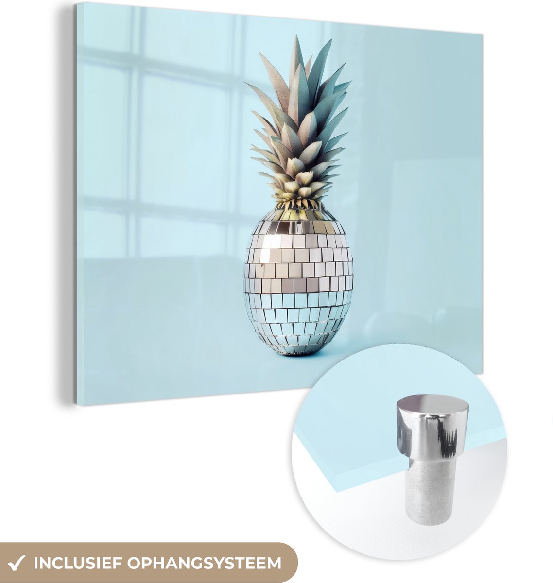 MuchoWow® Glasschilderij 160x120 cm - Schilderij acrylglas - Blauw - Ananas - Disco - Discobal - Foto op glas - Muurdecoratie woonkamer - Wanddecoratie slaapkamer - Schilderijen