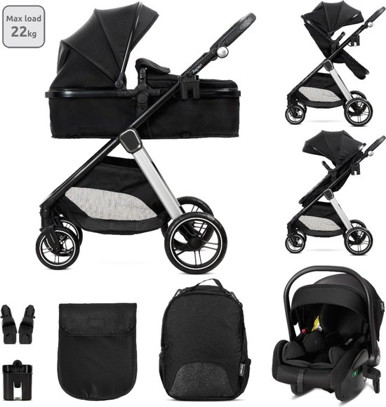 Zwarte kinderwagen met reiswieg, autostoel, rugzak en accessoires.