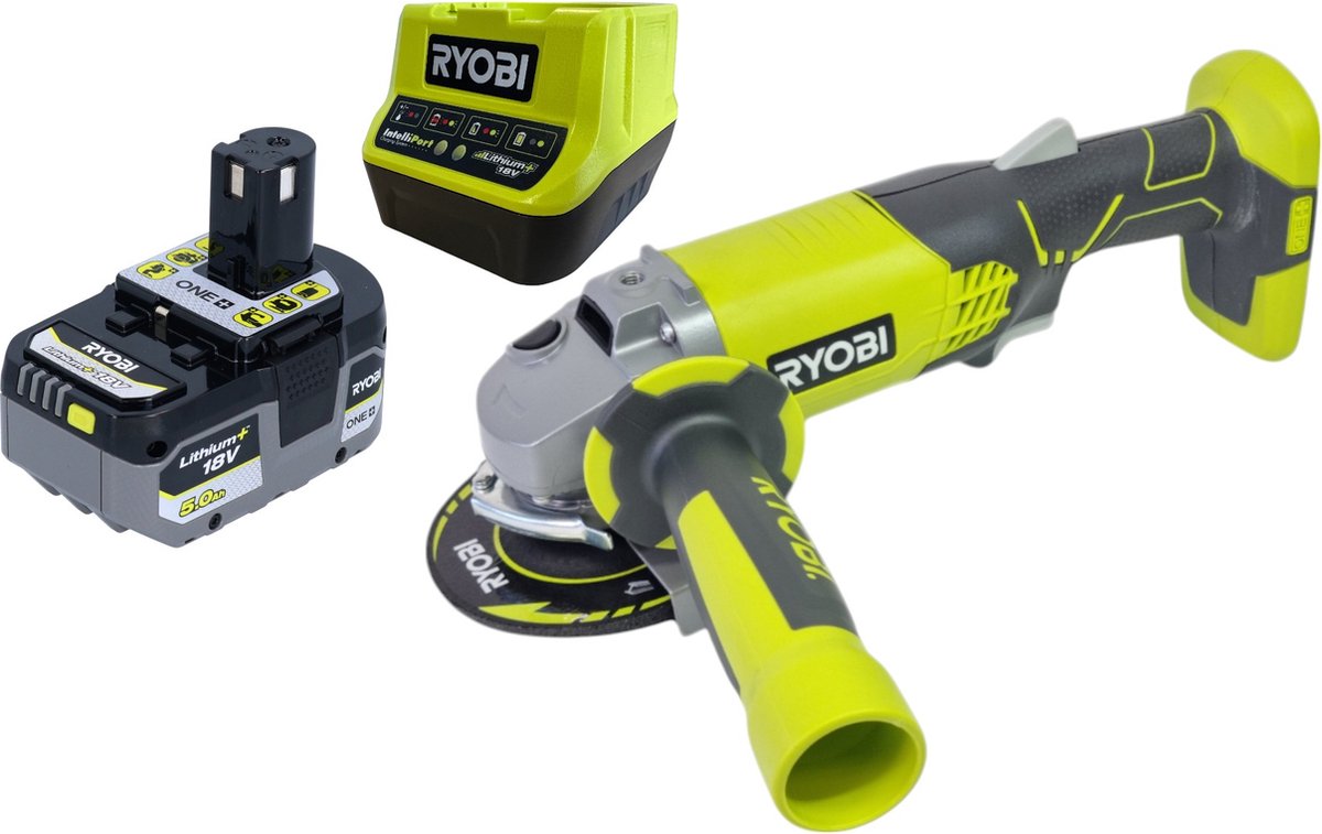 RYOBI R18AG-0 accu haakse slijper 18 V ONE+ 115 mm + 1x accu 5,0 Ah + oplader