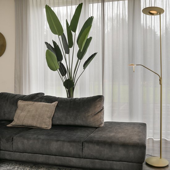 Lampadaire Zénith LED | 2 lumières | laiton brossé et blanc mat | 185 cm de haut | rotatif et inclinable | design classique | avec variateur poussoir | couleur de lumière variable | cordon noir