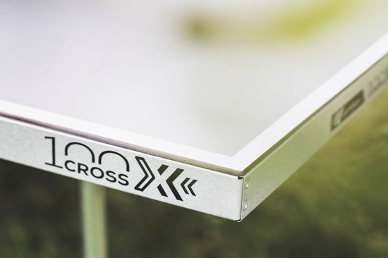 Close-up van de zijkant van een blauw-grijze tafeltennisblad met '100X' logo.