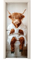 Deurposter 80x205 cm - Deursticker Schotse Hooglander - WC - Badjas - Modern - Dieren - Meubelfolie zelfklevend - Deurfolie woonkamer - Interieurfolie badkamer - Kamer decoratie - Decoratieve accessoires - Toilet deur plakfolie - Muursticker