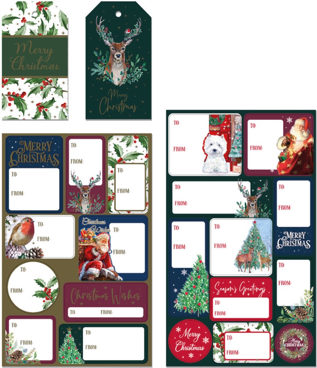 55 Luxe Kerst Cadeaulabelset - assortiment van 51 Naamstickers & 4 Naamlabels met koord