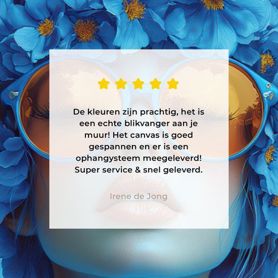 Canvas schilderij 90x60 cm - Wanddecoratie Vrouw - Bloem - Blauw - Modern - Bril - Portret - Muurdecoratie woonkamer - Slaapkamer decoratie - Kamer accessoires - Schilderijen op canvas