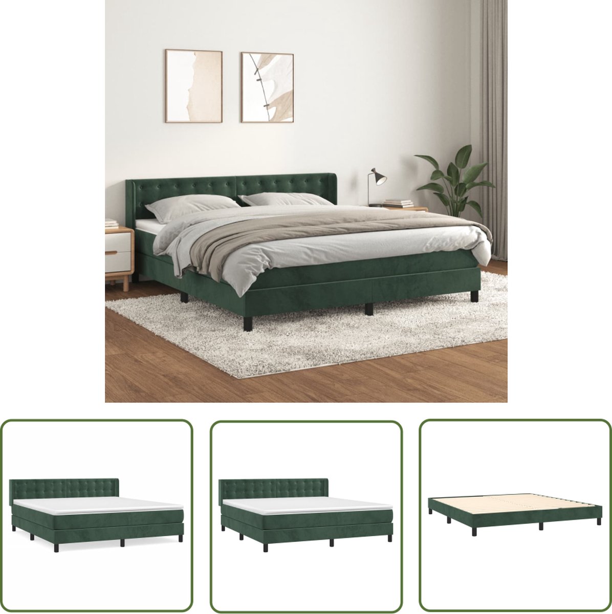 The Living Store Boxspringbed - Donkergroen fluweel - 160 x 200 cm - Pocketvering matras - Middelharde ondersteuning - Huidvriendelijk topmatras