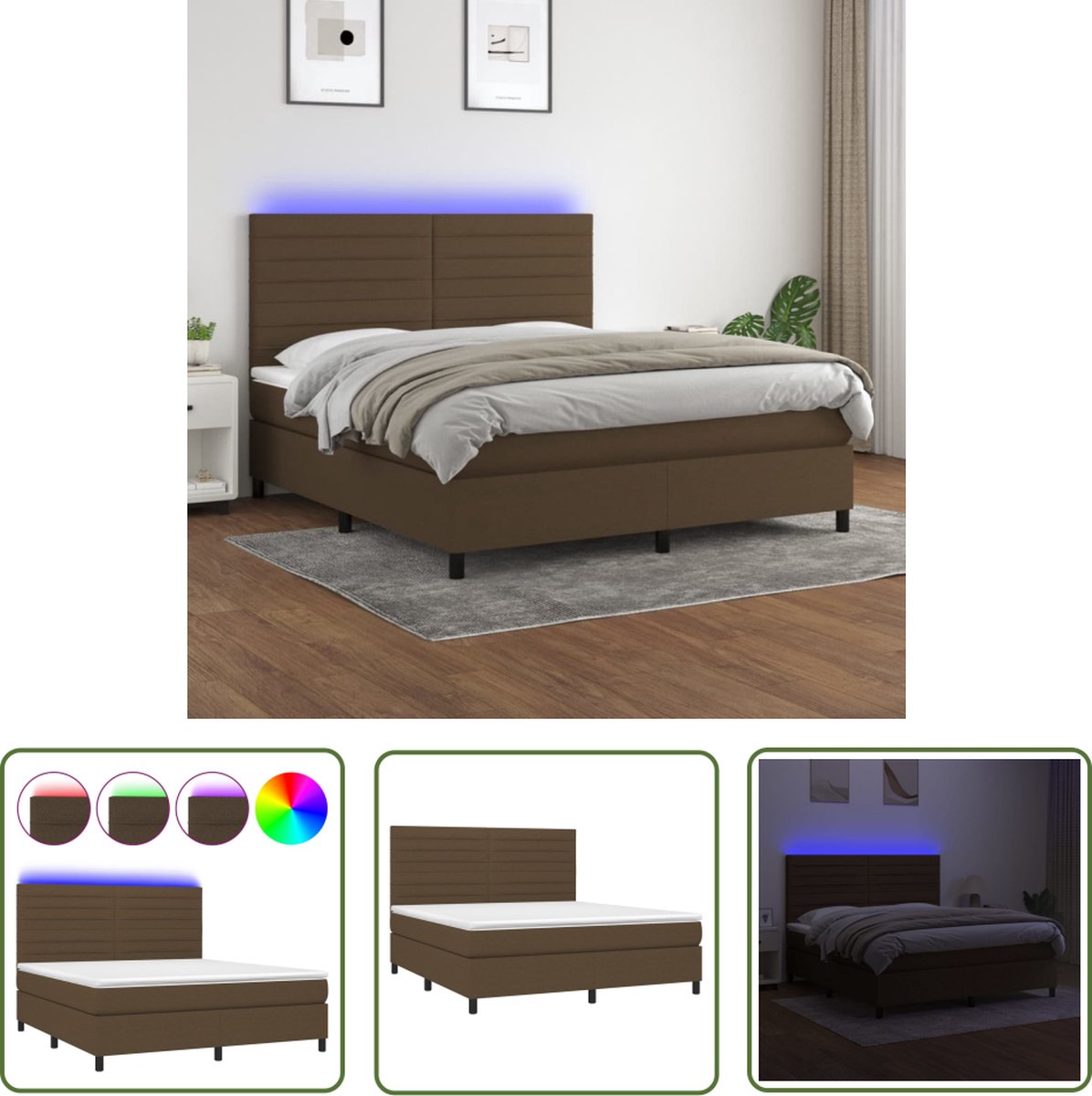 The Living Store Boxspring - LED - Donkerbruin - 203x180x118/128 cm - Pocketvering - Boxspring - Led Bed - Donkere Bruine Boxspring - Tweepersoons Bed - Pocketed Spring Mattress