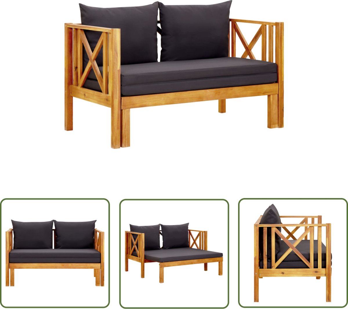 The Living Store Tuinbank 2-zits met kussens 122 cm massief acaciahout - Houten Bank - Tuinset - Buitendecor - Lounge Set - Loungebank