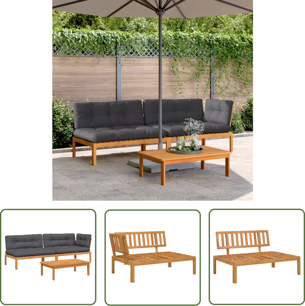 Modulaire tuinmeubelset van acaciahout met antraciet kussens, waterafstotend, 110 kg draagvermogen.
