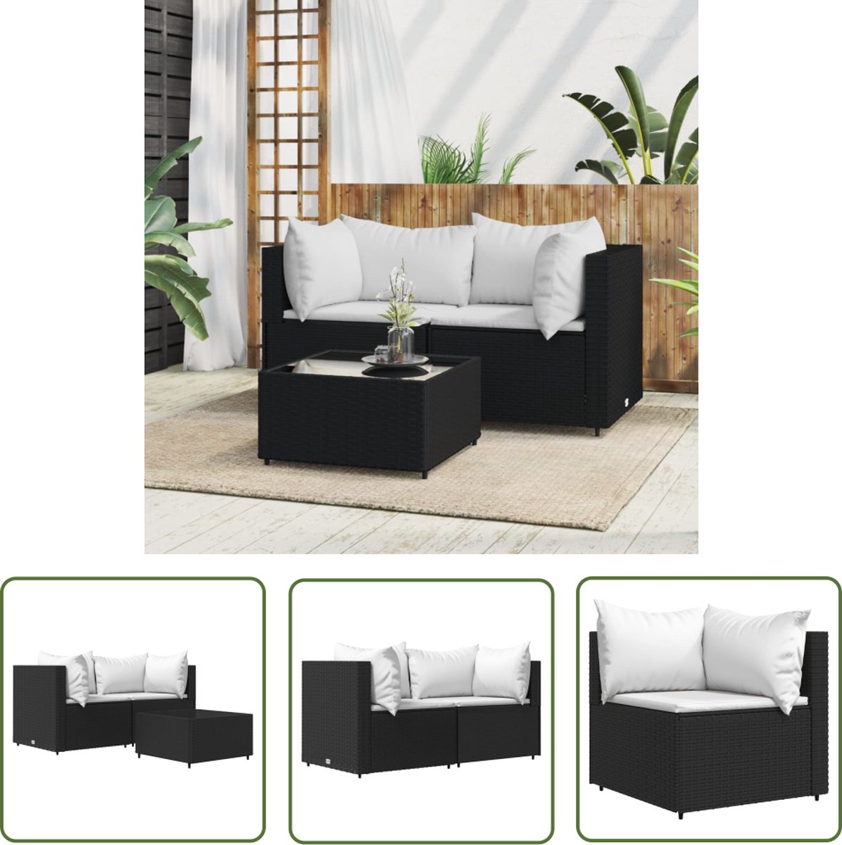 The Living Store Loungeset Harmony - Hoekbank 63x63x57.5cm - Zwart - Inclusief kussens - Salontafel 50x50x30cm