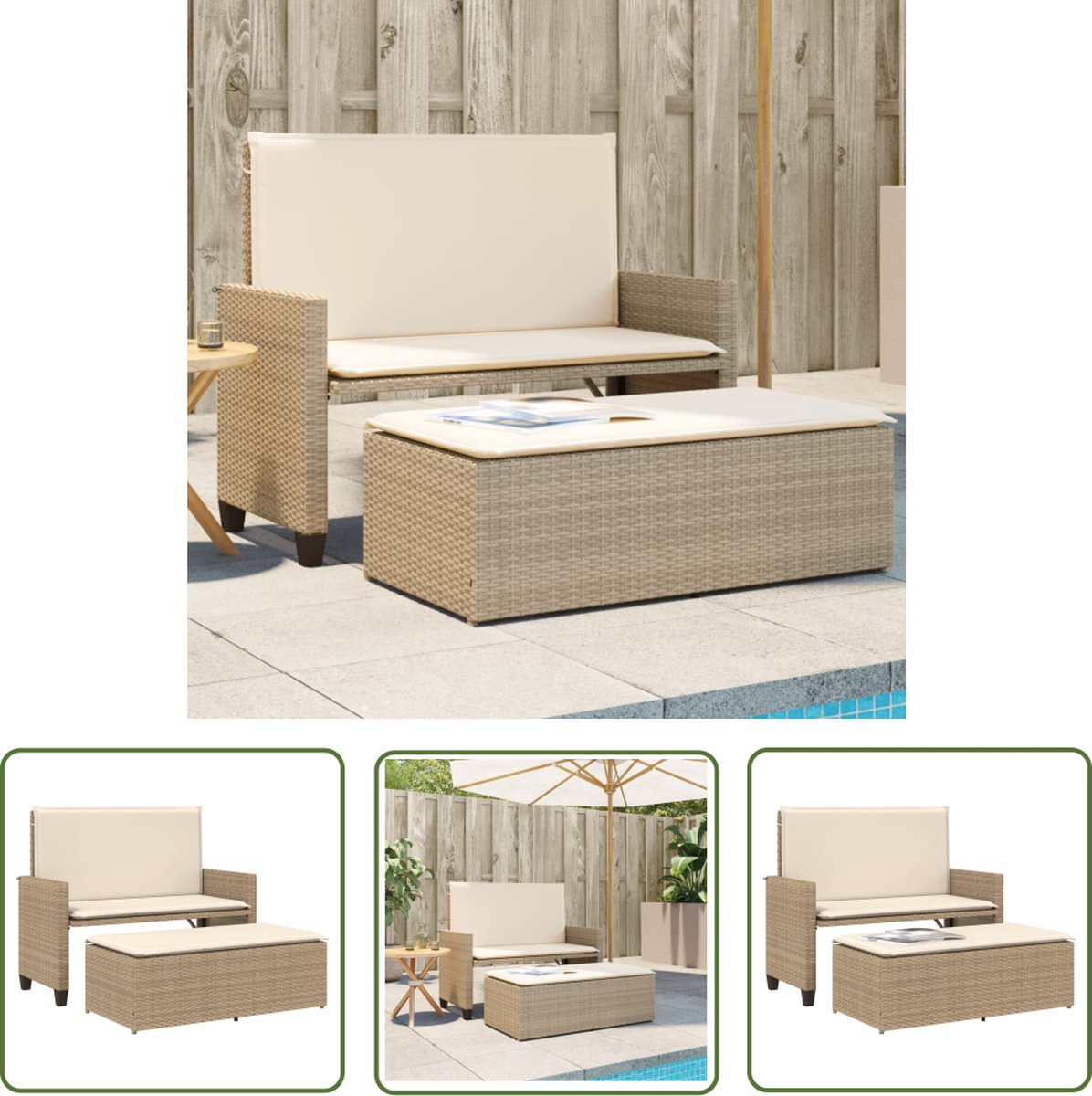 vidaXL Lounge Set - Tuinbank - Tuinbank met kussens en voetenbank poly rattan beige - Buitendrank - Ratan Meubel - Outdoor Furniture