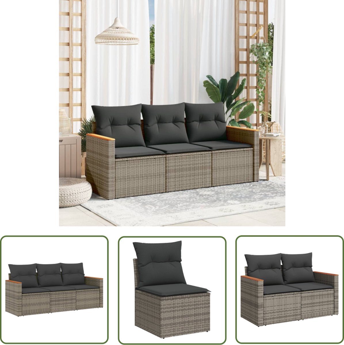 The Living Store 3-delige Loungeset met kussens poly rattan grijs - Loungeset - Tuinset - Lounge - Buitendecoratie - Garden Furniture